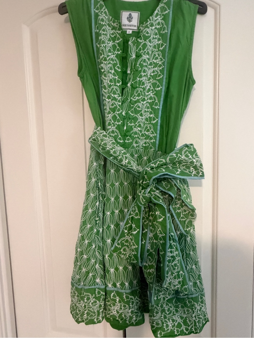 Sue Sartor Green Sleeveless Printed Cotton Dress with Sash